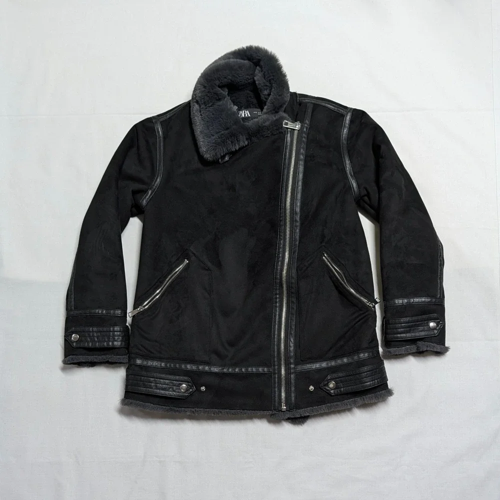 Zara Women Black Faux Shearling Aviator Jacket Moto Biker Coat Small